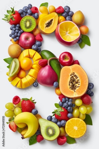 Vibrant number 5 made of colorful fruits and vegetables on clean white background