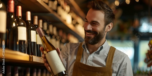 Smiling sommelier selecting a fine wine in a cozy wine cellar. expertise and hospitality in wine shop. AI