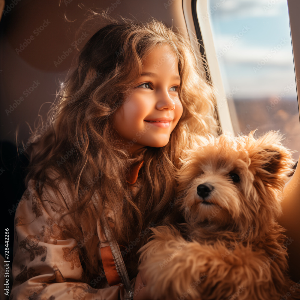 Little girl with her pet brown small dog travelling in a plane, looking outside through the window. Little girl with her pet brown small dog travelling in a plane, looking outside through the window.