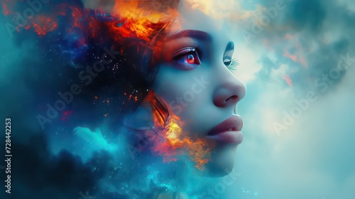 Beautiful girl with abstract fire hair digital painting 3 d illustration 