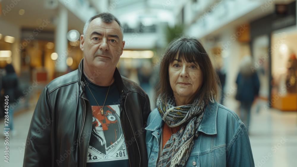 Man and woman in the middle of a shopping center Man and woman in the middle of a shopping center