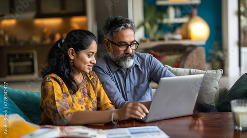 Middle age Indian couple managing finances, paying bills online at home