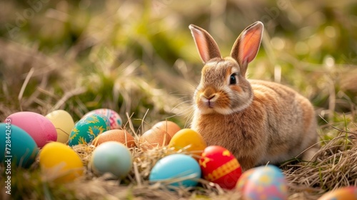 Cute rabbit bunny sitting on the meadow next to colorful easter eggs © Elvin