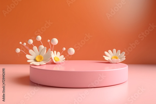 Pink Nature Podium with Flower. Minimal 3D Display for Beauty