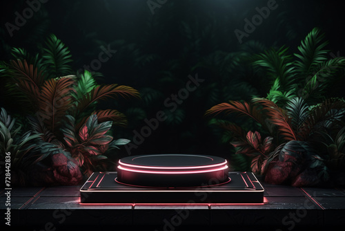 Empty 3D Podium Stand with Neon Lights and Plants, Product Display Mockup Template