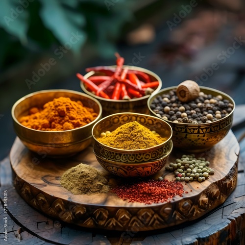 Assorted spices in ornate bowls on a wooden tray. vivid colors  food styling  cultural culinary traditions. AI