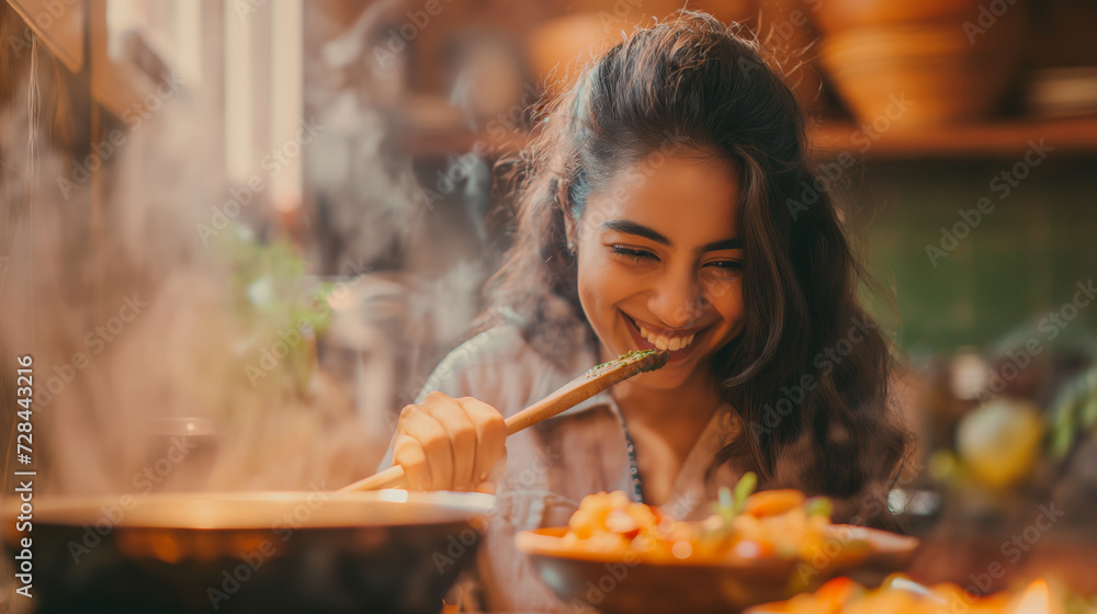 Portrait of a joyful Indian woman, savoring the aroma, and smiling while cooking in her kitchen