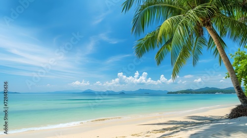 Tropical beach with Coconut tree during a sunny day, palm tree. summertime, coastline sandy beach, blue sky view. copy space, mockup. © Almultazam