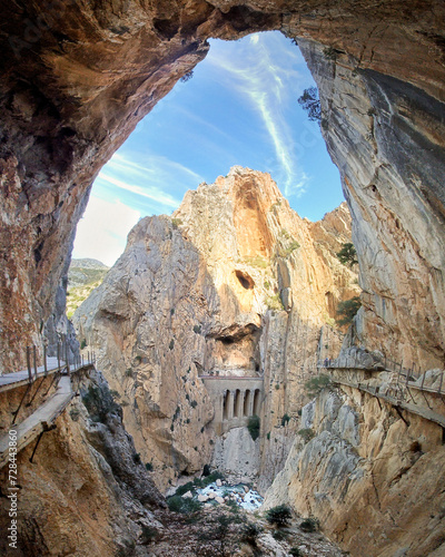 Panoramic view of the valley in a natural ravine area. Caminito del Rey in the Gaitanes gorge, Malaga province, Spain
