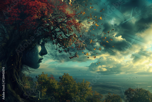 autumn tree growing from a person s head