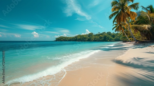 Coconut tree along the coastline on Tropical beach during a sunny day, palm tree. summertime, seaside, side view of sandy beach. blue sky. copy space, mockup.