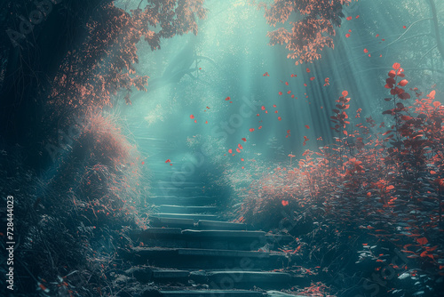 staircase in nightime forest with moonlight streaming in