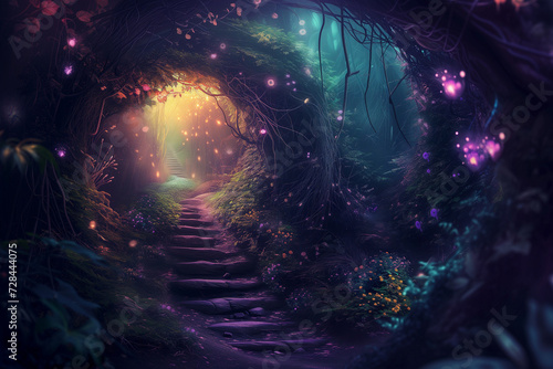 moonlit staircase in fantasy forest