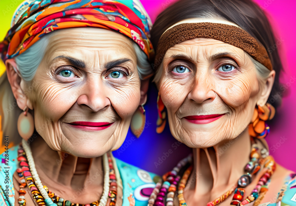 Portrait of hippie grandmothers with blue eyes and smile