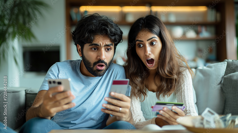 Indian couple in shock, discovering online fraud on their phone Indian couple in shock, discovering online fraud on their phone