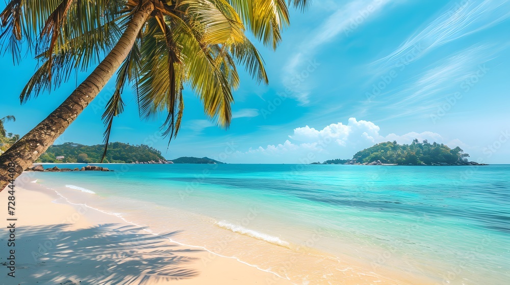 Coconut tree along the coastline on Tropical beach during a sunny day, palm tree. summertime, seaside, side view of sandy beach. blue sky. copy space, mockup.