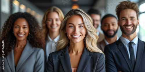 Portrait of successful group of business people at modern office looking at camera. Portrait of happy businessmen and satisfied businesswomen standing as a team. Multiethnic group of people smiling. © aekkorn