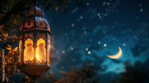 Ramadan lantern with crescent moon night with stars shining