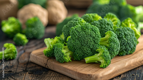 Fresh broccoli on the kitchen board