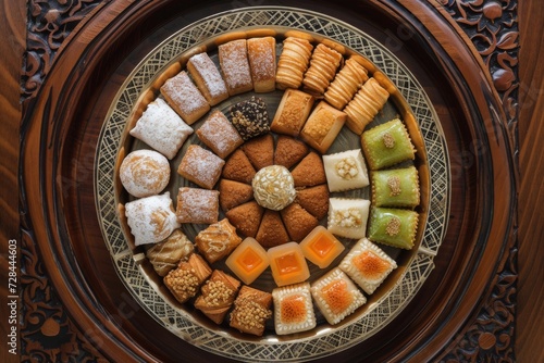 variety of beautifully decorated sweets are placed on a ceramic plate with an intricate design