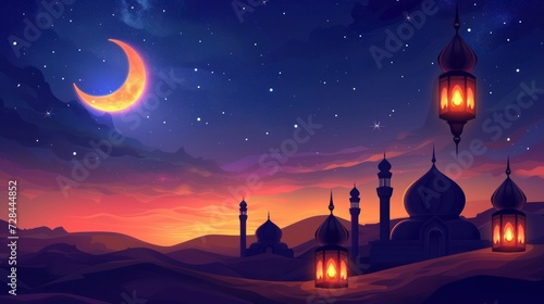 Ramadan holiday  islamic lanterns in the desert  moon in the sky with stars shining bright  islamic concept