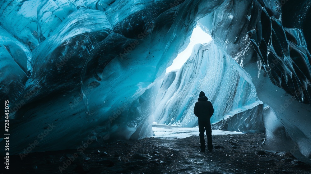 A man standing beneath an opening in the ice cave, walking beneath a glacier in Iceland