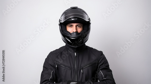 motor biker person male black helmet black jacket portrait white background ai visual concept © Ali