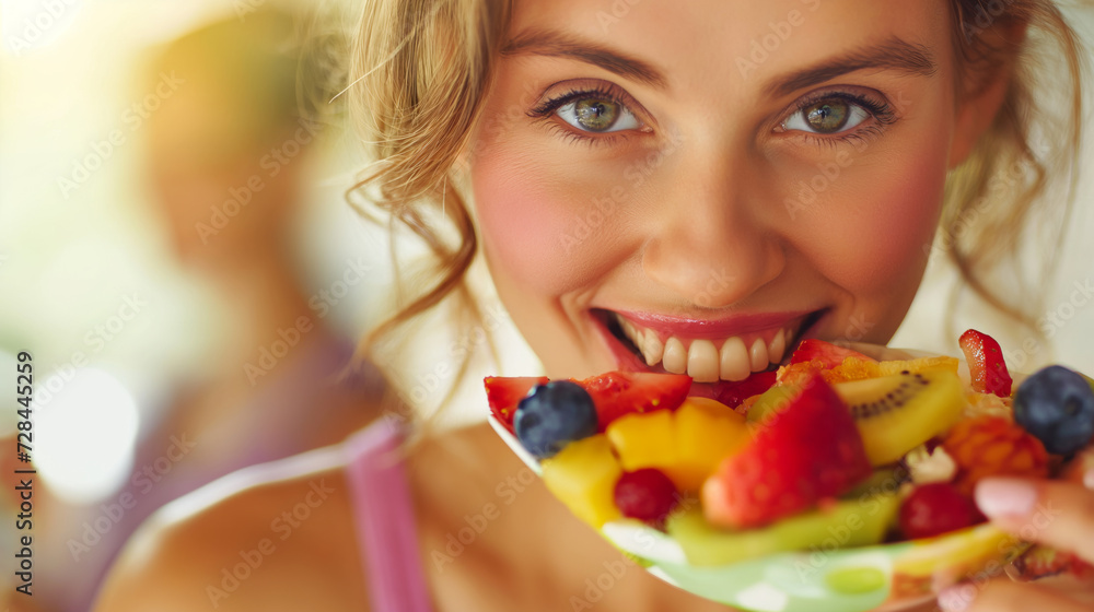 Young woman holding a bowl of vibrant fruit salad, promoting healthy living Young woman holding a bowl of vibrant fruit salad, promoting healthy living