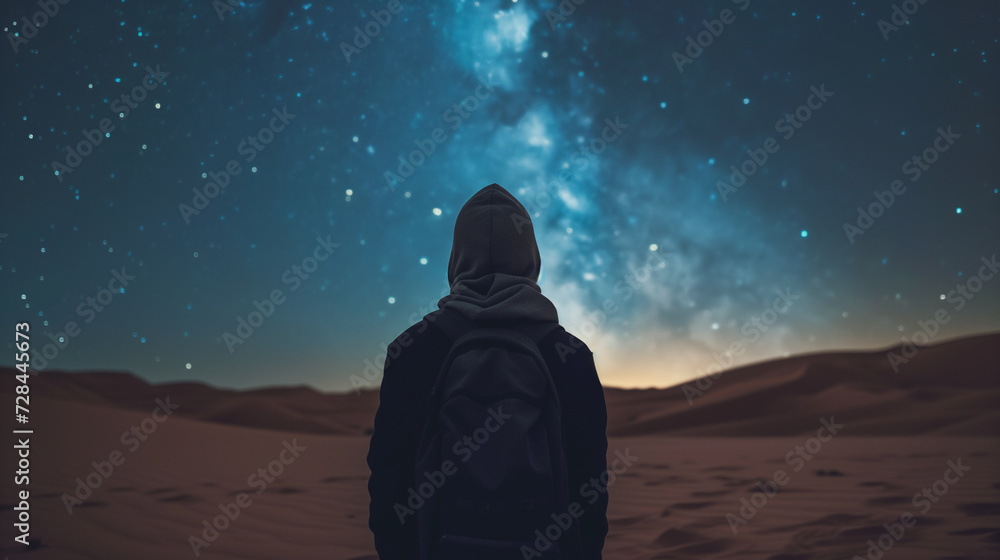 Man stands under a starlit sky in the desert. Man stands under a starlit sky in the desert.