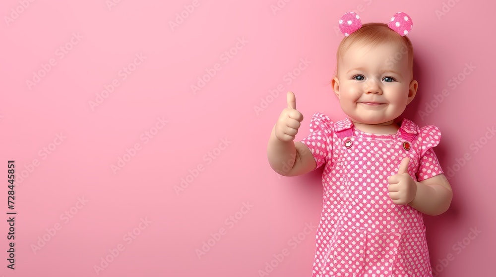 Happy toddler giving thumbs up on vibrant pastel background with space for text placement Happy toddler giving thumbs up on vibrant pastel background with space for text placement