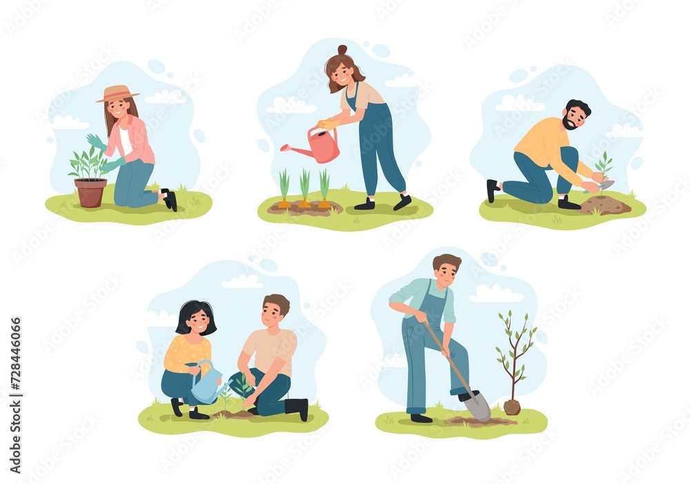 People gardening in spring. Men and women planting, watering and taking care of plants. illustartion set in flat cartoon style