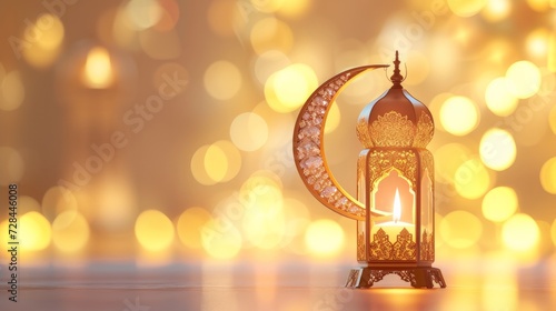 Ramadan lantern with candle lighting and gold crescent moon with diamond in a light background colors