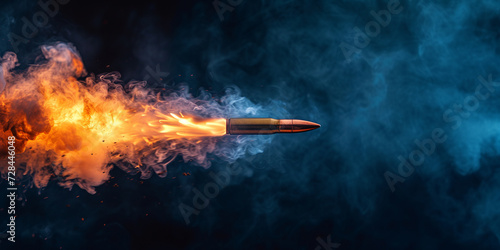 bullet is shot in the air with a glowing flame, slow motion, on dark background