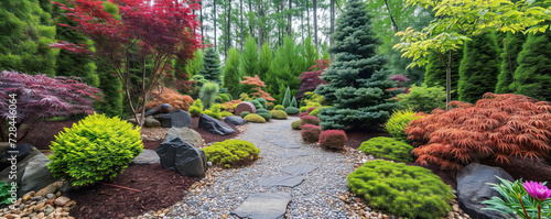 Beautiful coniferous garden with blue spruces, fir trees, thujas and junipers. Colourful background. photo