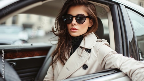 Stylish female model in white trench coat and sunglasses in luxury car, fashion lifestyle © Ilja