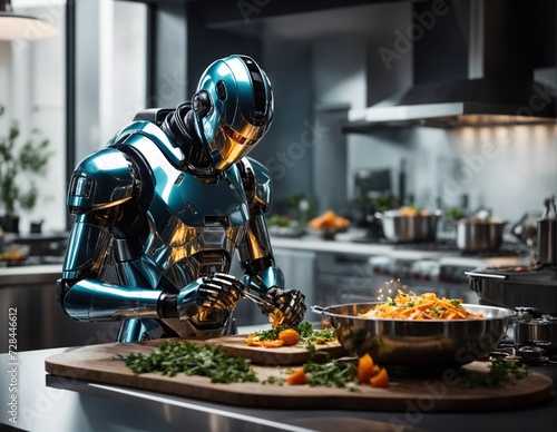 Smart robot arm preparing food on kitchen. AI Generated.