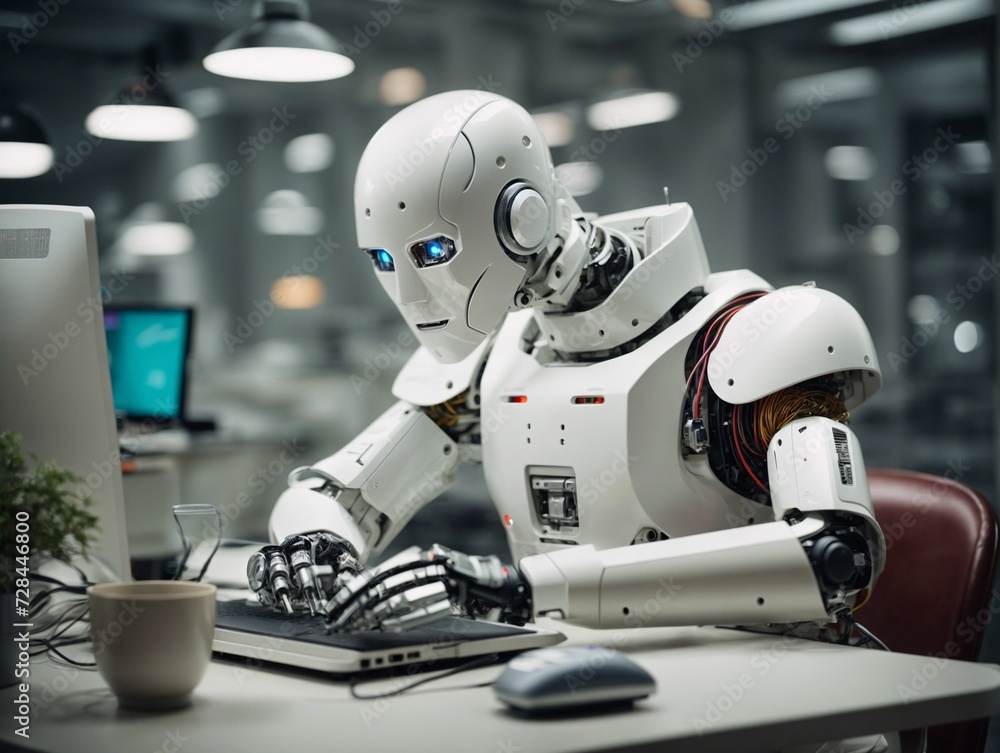 Robot works in an office on a laptop. AI Generated. Robot works in an office on a laptop. AI Generated.