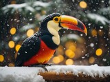 Bird Toucan on tree with snow. AI Generated.