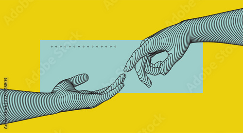 Hands reaching towards each other. Concept of human relation, togetherness or  partnership. 3D vector illustration. Can be used for advertising, marketing or presentation.
