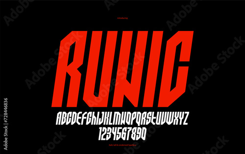 Bold and massive italic heavy geometric font for logo creation, modern geometrical vector display typeface, typography with only corners and straight lines geometry, tall and condensed version.