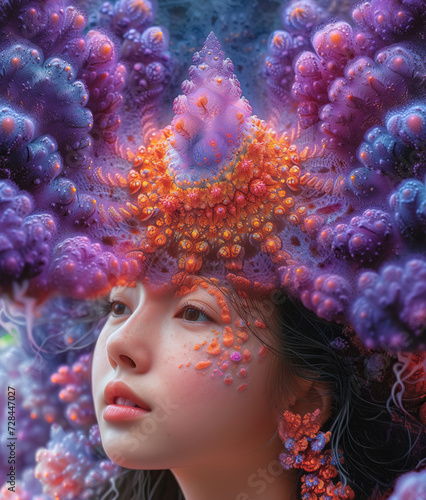girl portrait, psychedelic mandala fractal pattern, floral forms, vibrant, neon, vintage decorative element