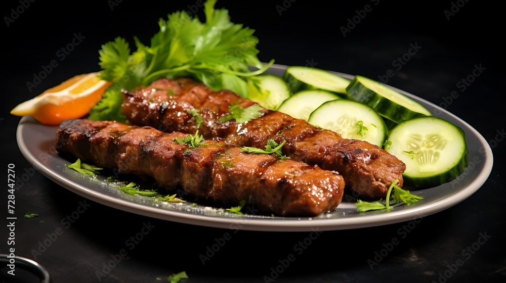 beef seekh kabab with cucumber salad served in plate isolated on grey background