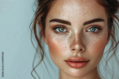 Pure Beauty: Close-up Portrait of a Young Caucasian Woman with Clean, Fresh Skin and Attractive Freckles, showcasing Natural Charm and Health