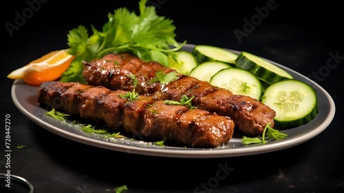 beef seekh kabab with cucumber salad served in plate isolated on grey background