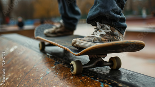 Close-up of a teenager's legs on a skateboard.