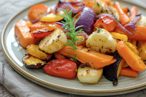 Plate of Beautifully Arranged Oven-Roasted Vegetables. The Aroma of Freshly Baked Vegetables and Their Flavors Spread, Expressing a Healthy and Satisfying Meal.