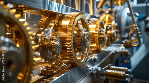 Gold and silver gear mechanism spinning within a steam-powered engine room photo