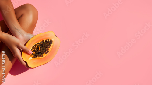 half of papaya isolated on pastel pink background