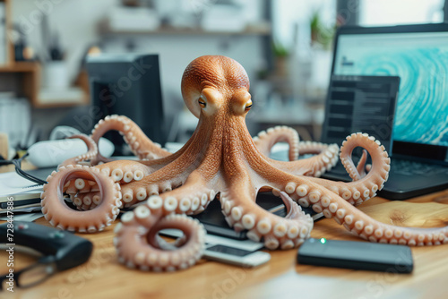 busy octopus boss with different digital gadgets on office . work burnout, multitasking business concept idea photo