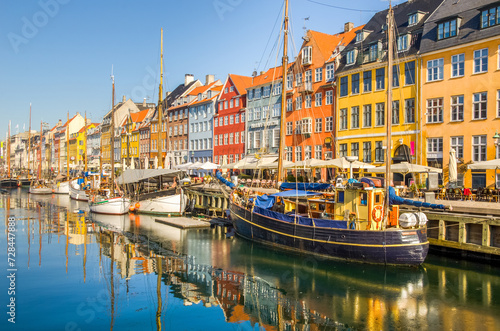 Colorful houses and boats in Nyhavn  Copenhagen   s most iconic sights for travelers. Also Hans Christian Andersen neighborhood. Environmentally friendly and most sustainable world destination in 2024.